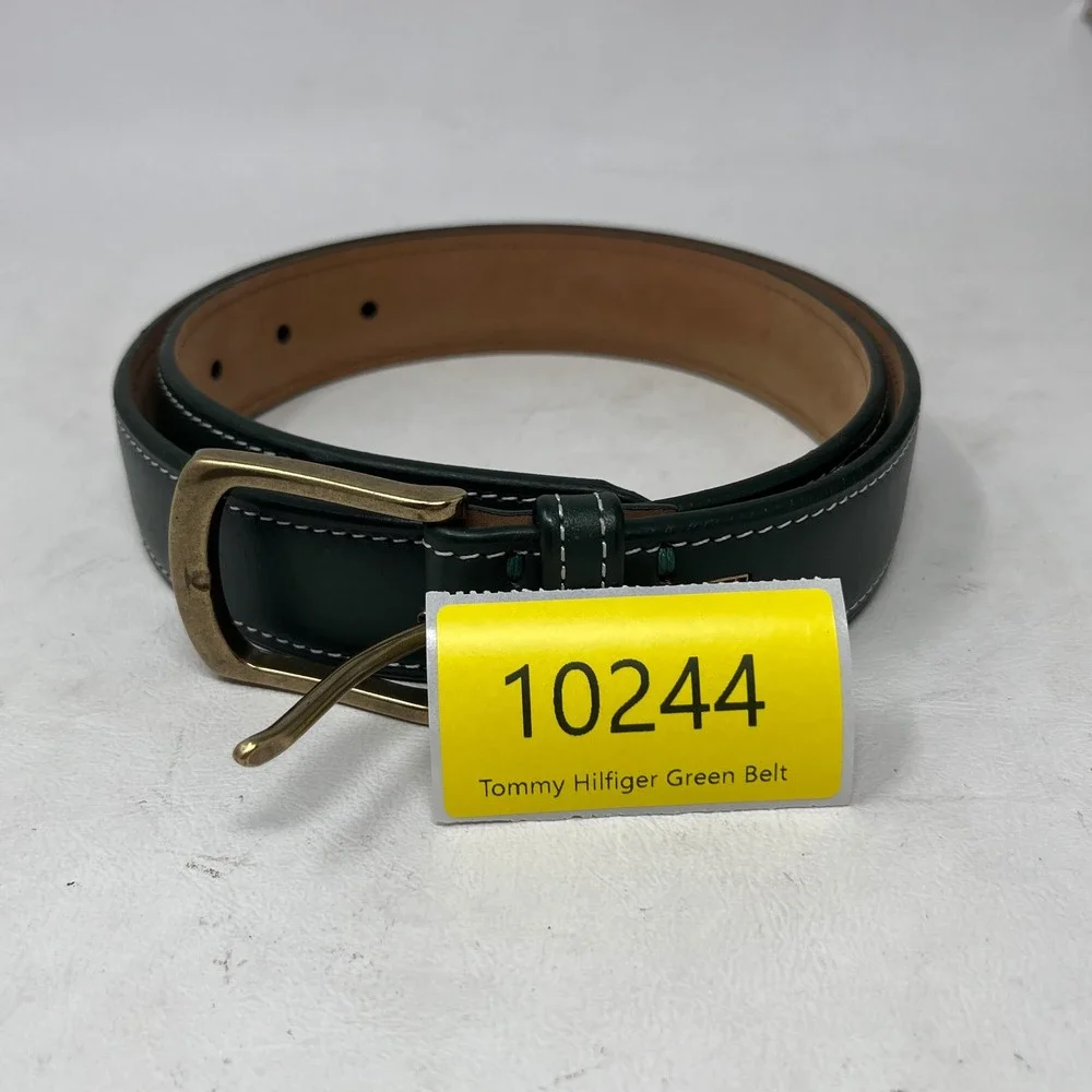 Tommy Hilfiger Men Green Leather Belt 32 Preppy Academia Heritage Tailored Money